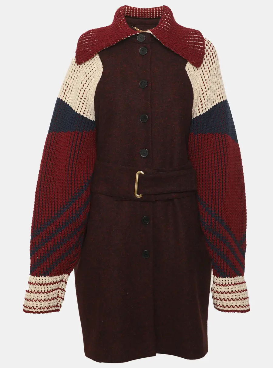 Kenzo Burgundy/Multicolor Wool Blend and Rib Knit Belted Trench Coat M