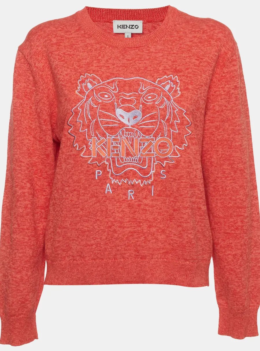 Kenzo Pink Tiger Embroidered Cotton Knit Sweater L