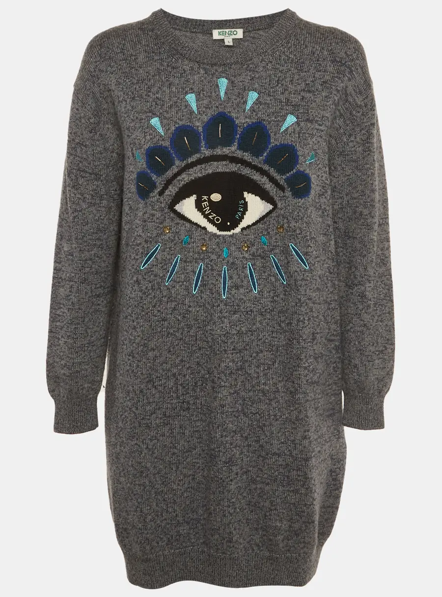 Kenzo Blue Logo Eye Intarsia Wool Knit Mini Sweater Dress L