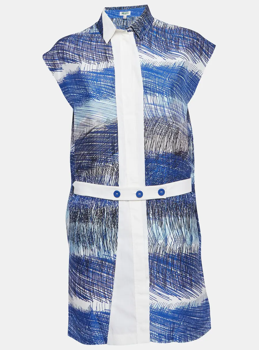 Kenzo Blue Abstract Print Chiffon Mini Shirt Dress S