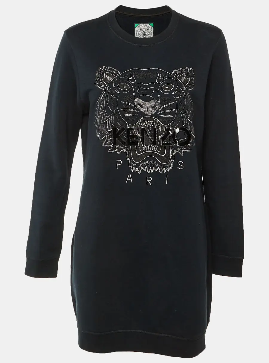 Kenzo Black Tiger Embroidered Cotton Knit Dress L