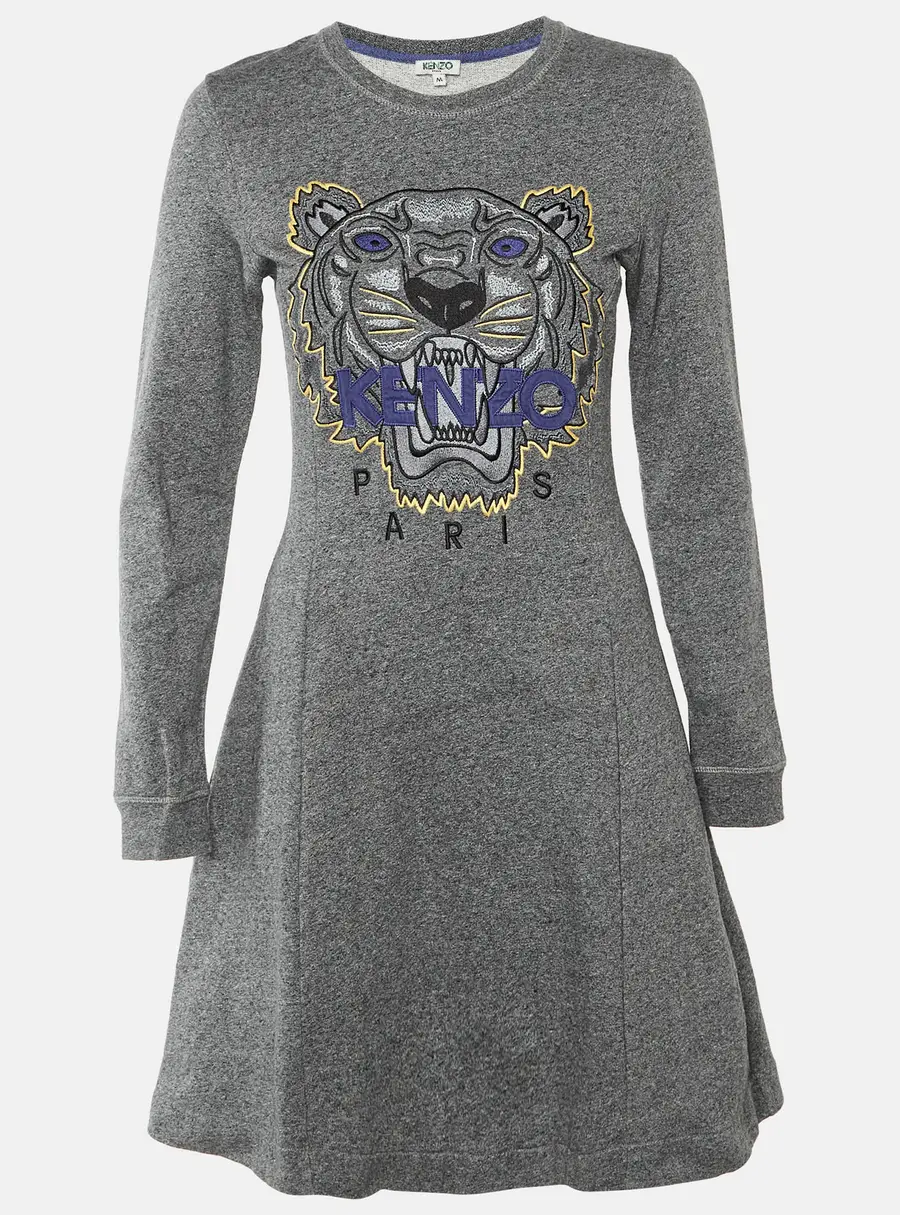 Kenzo Grey Tiger Embroidered Cotton Knit Mini Dress M