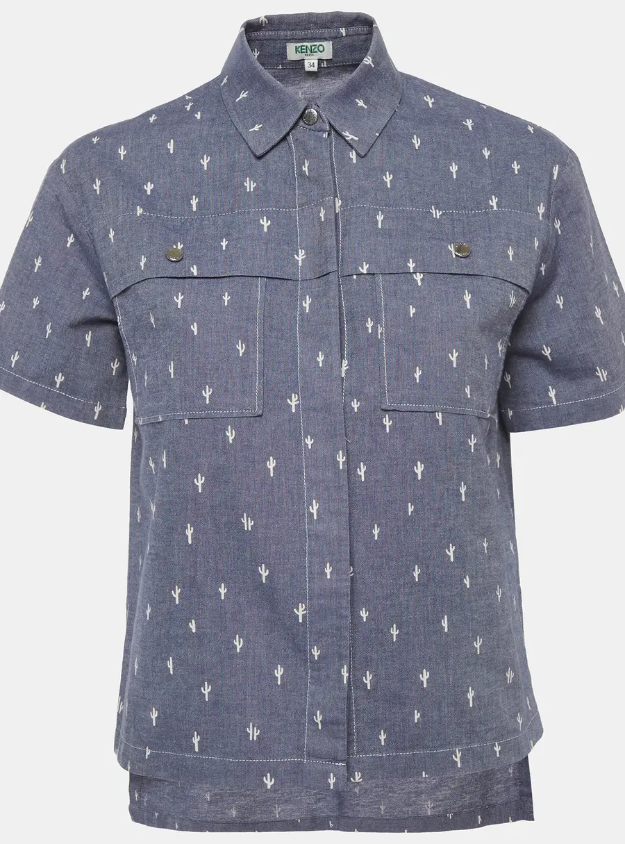 Kenzo Blue Cactus Print Chambray Button Up Shirt S
