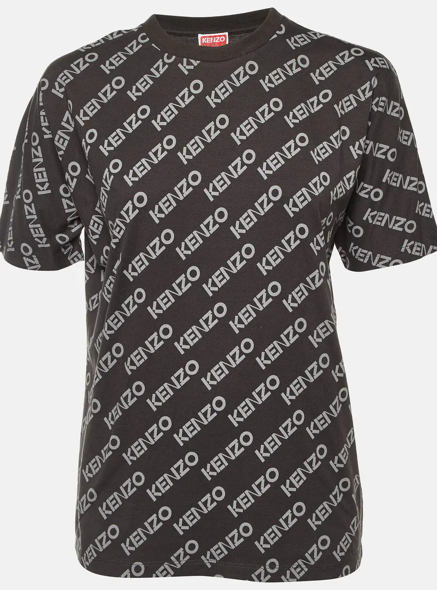 Kenzo Grey All Over Logo Print Cotton Crew Neck T-Shirt XS