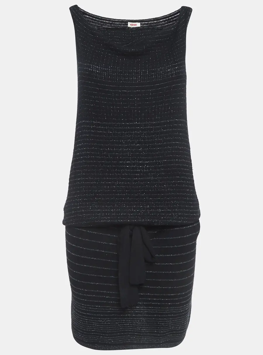 Kenzo Black Stripe Lurex Knit Belted Mini Dress M