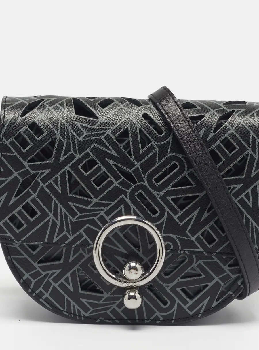 Kenzo Flying Laser Cut Black Leather Crossbody Bag