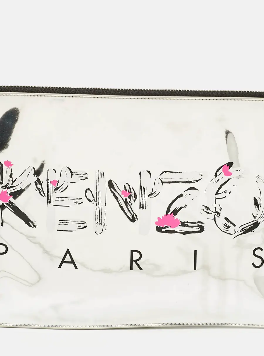 Kenzo Silver Patent Leather Logo Printed Zip Pouch