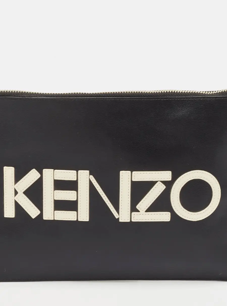 Kenzo Black Leather Logo Zipped Pouch