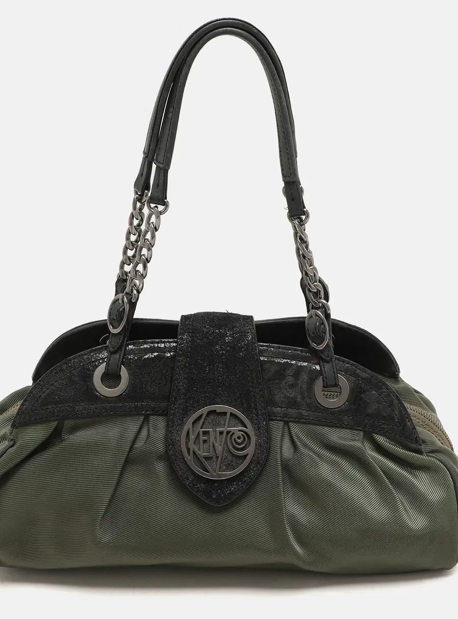 Kenzo Green/Black Nylon and Leather Satchel