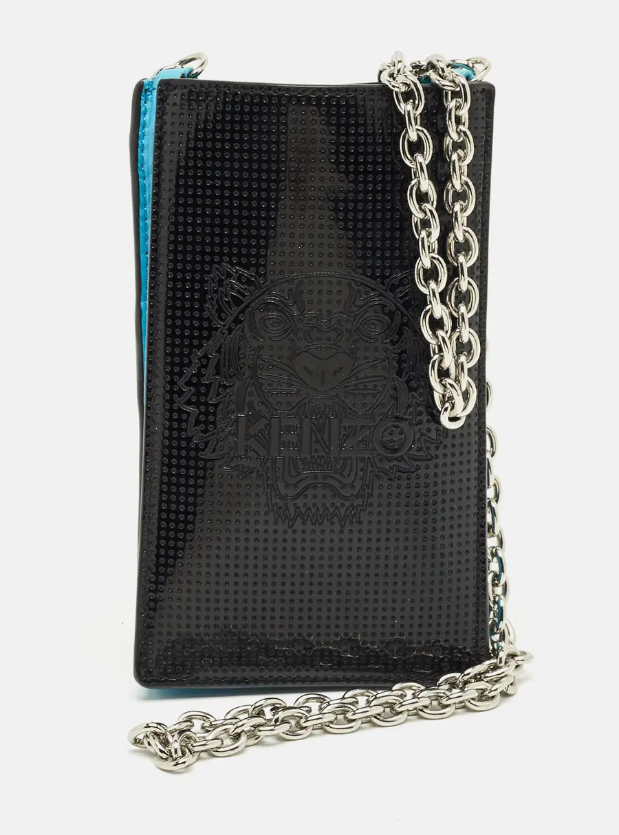 Kenzo Black/Blue Patent and Leather Tiger Embossed Phone Crossbody Bag