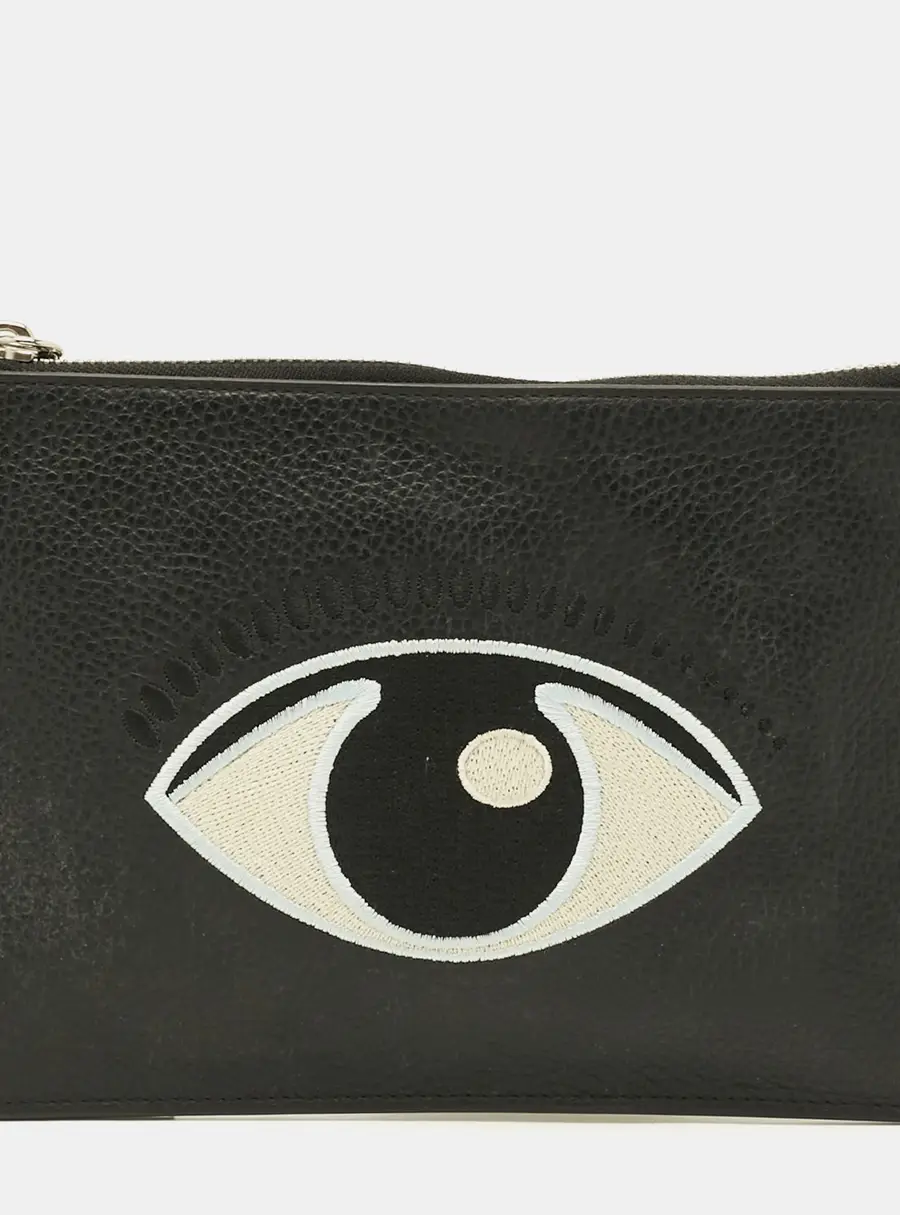 Kenzo Eye Embroidered Black Leather Pouch