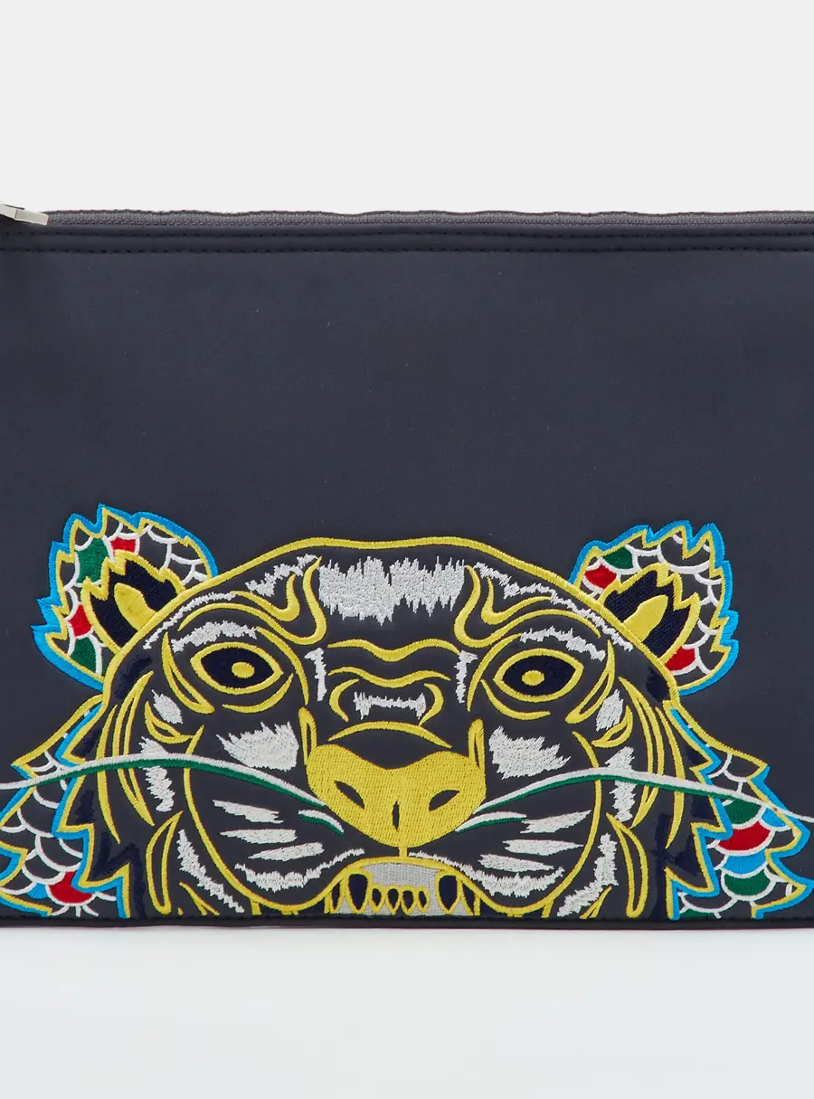 Kenzo Grey Embroidered Tiger Neoprene Flat Zip Pouch