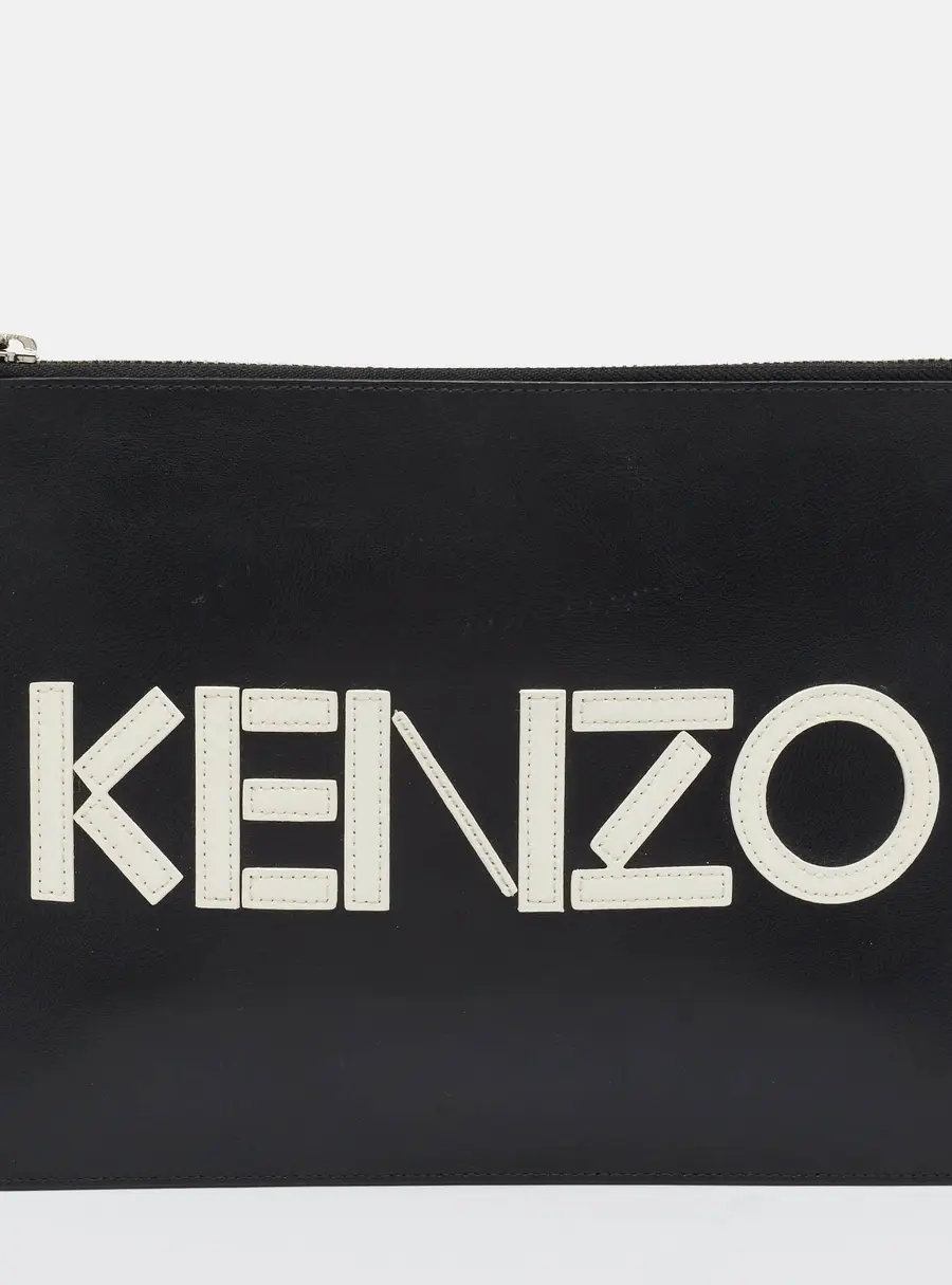 Kenzo Logo Black Leather Flat Pouch