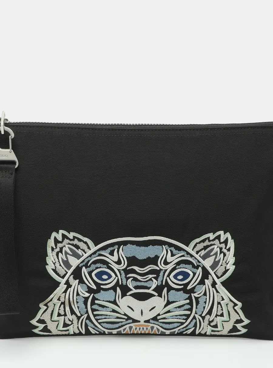 Kenzo Black Nylon Tiger Embroidered Wristlet Clutch