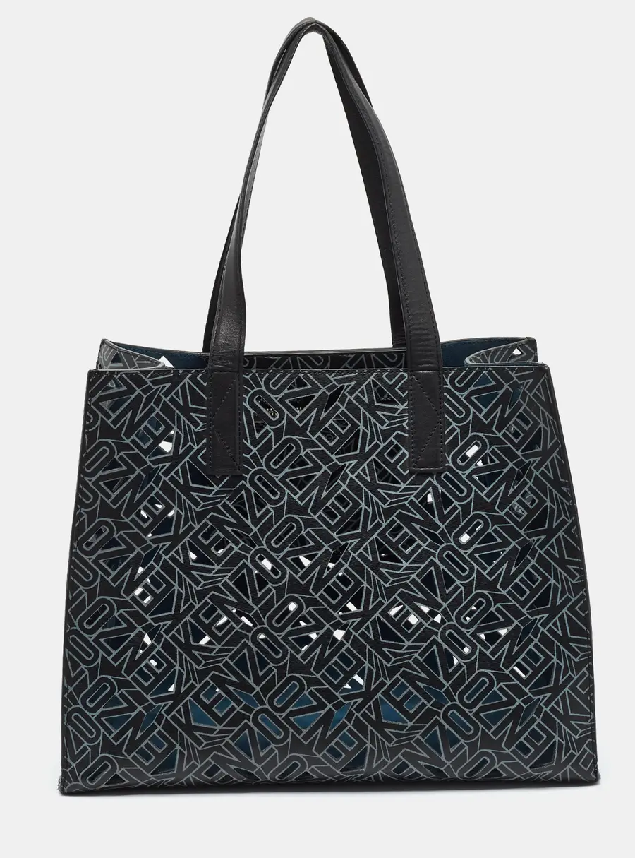Kenzo Black Laser Cut Flying Logo Leather Shopper Tote