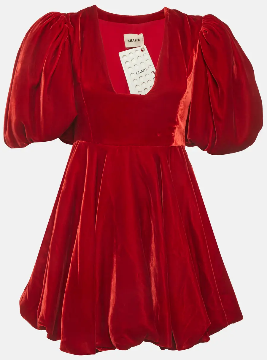 Khaite Red Velvet Puff Sleeve Leona Mini Dress S