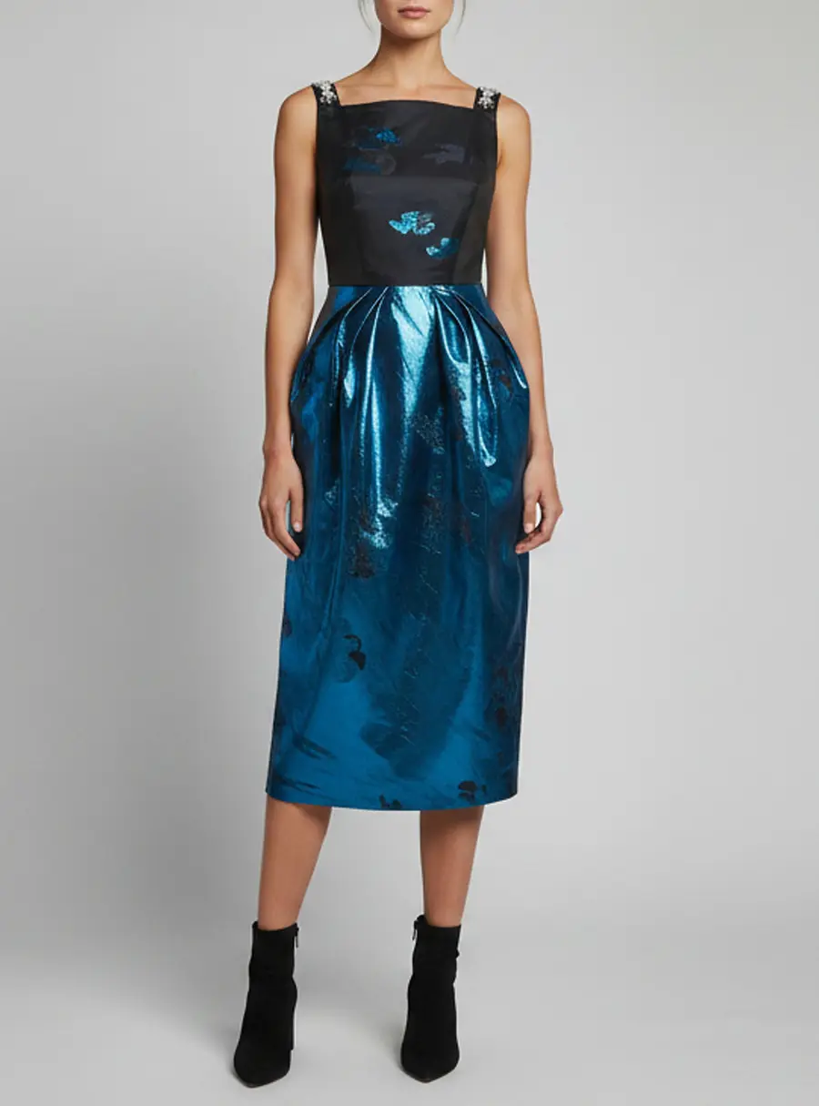 Khoon hoi Blue/Black Floral Jacquard Metallic Midi Dress S