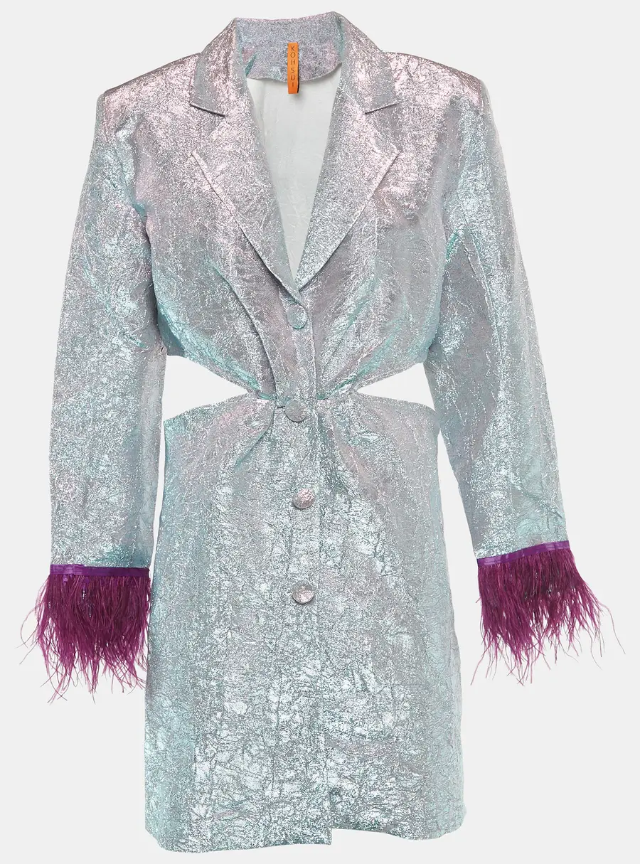 Koh Sui Metallic Lurex Button Front Feather Detail Cut-Out Mini Dress M