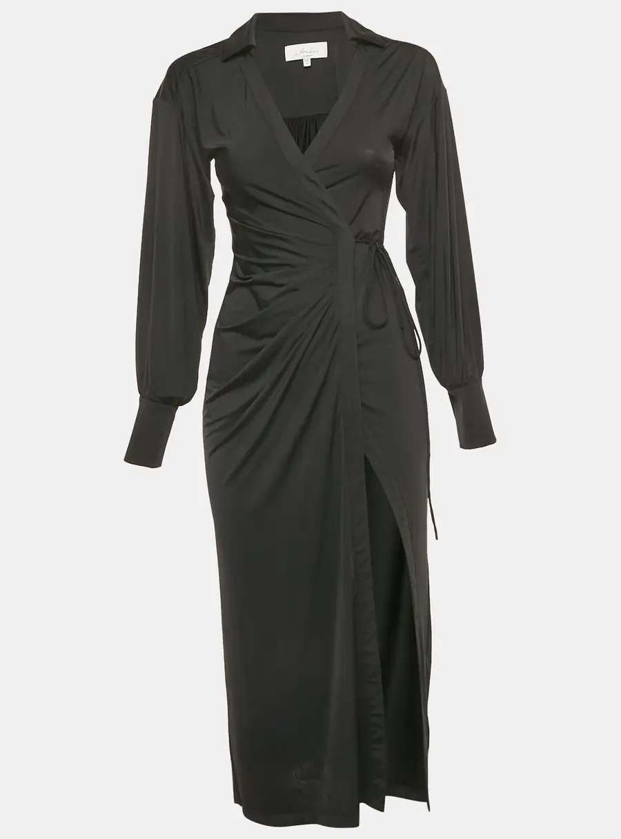 L'Academie Black Jersey Draped Wrap Dress XXS