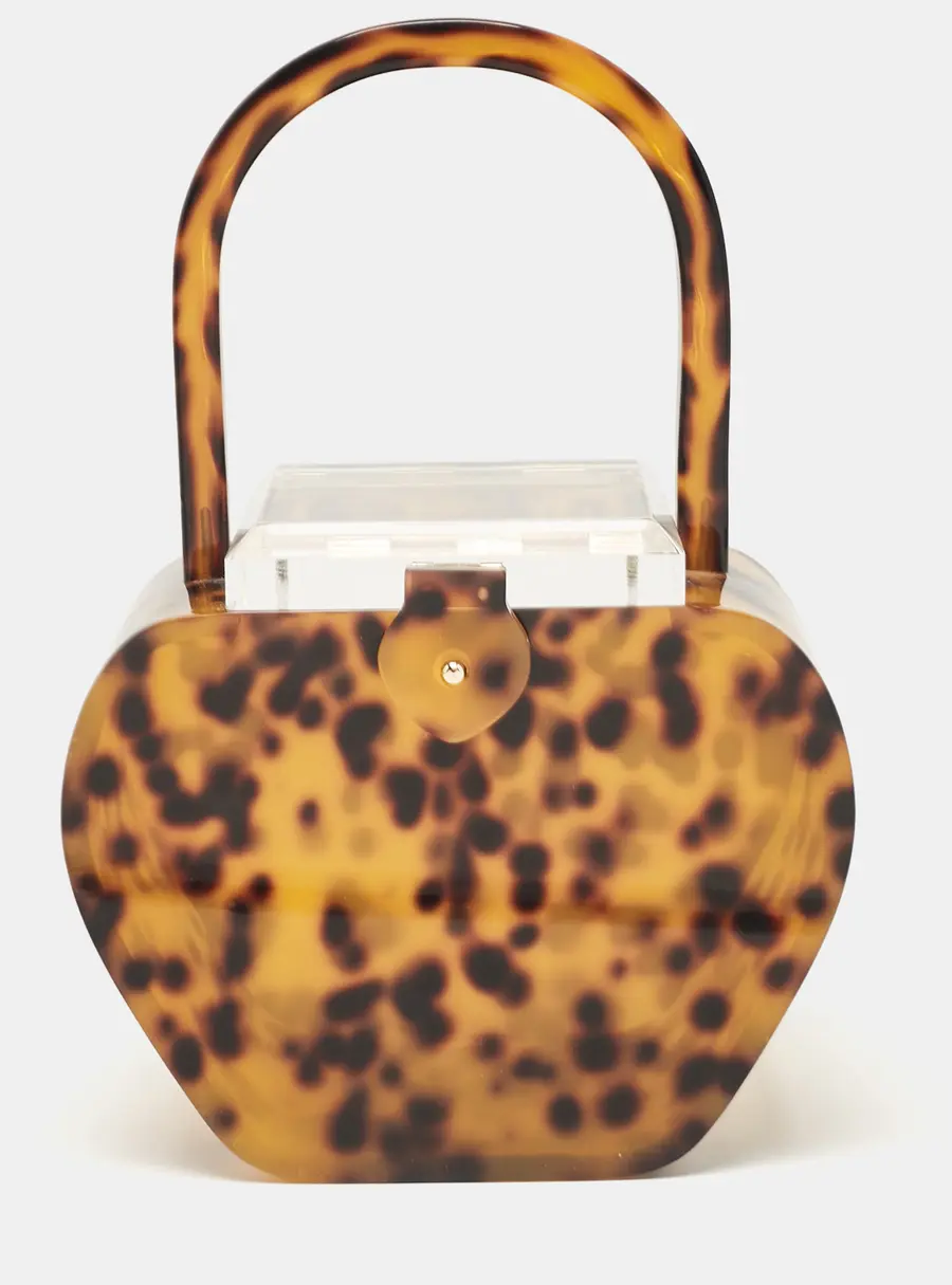 L'Afshar Brown Leopard Print Acrylic Top Handle Bag