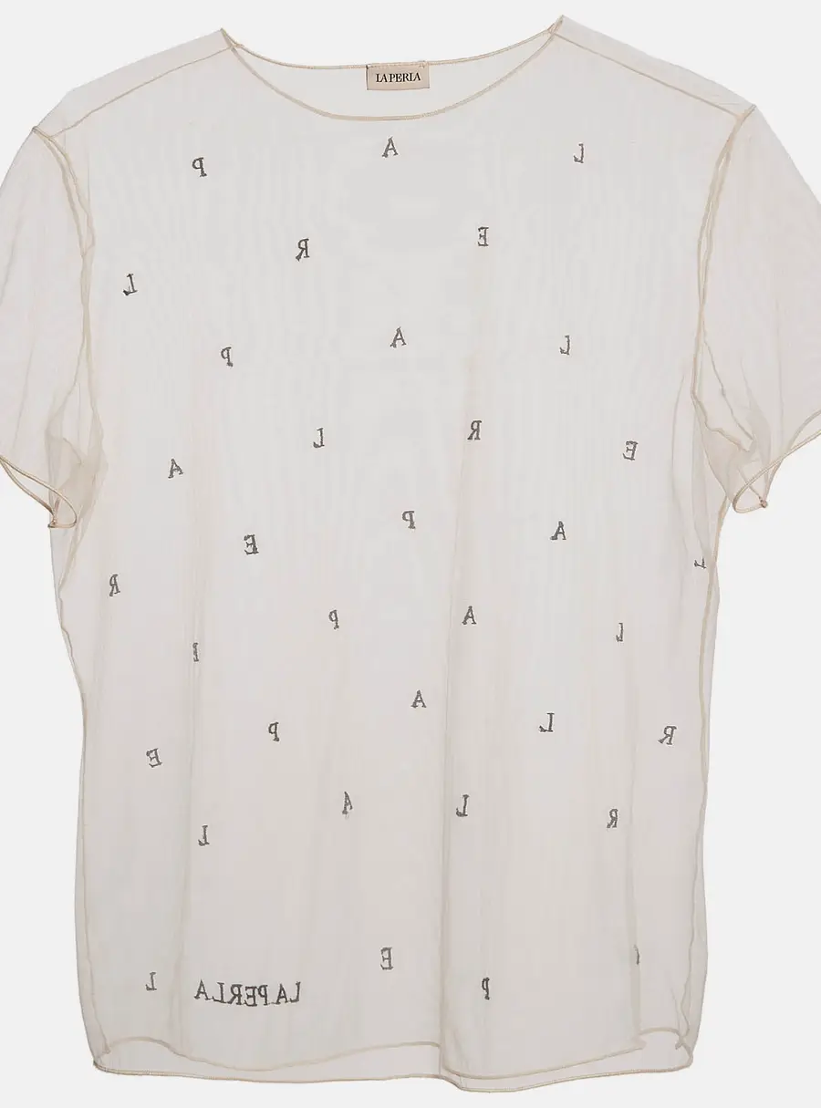 La Perla Light Pink Logo Embroidered Tulle Sheer Top M