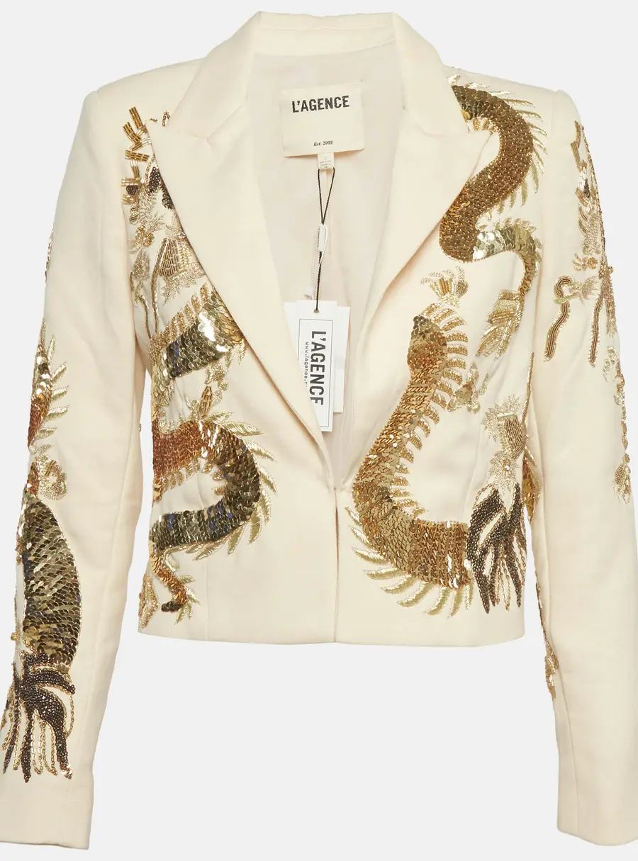 L'agence Beige Cotton Noely Sequin Dragon Blazer S