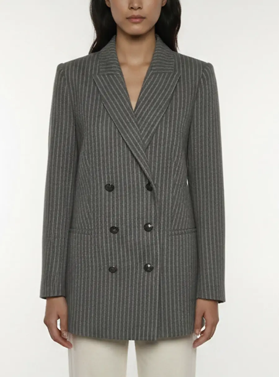 L'Agence Grey Pinstriped Wool Blend Relaxed Double Breasted Aimee Blazer S