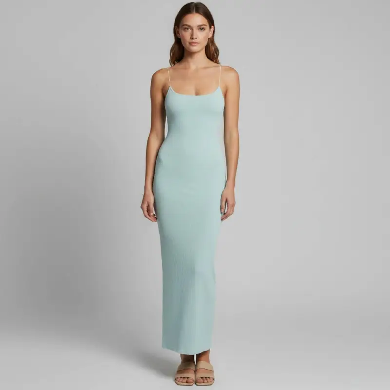 Lama Jouni Blue Rib Knit Slit Transparent Strap Maxi Dress XS