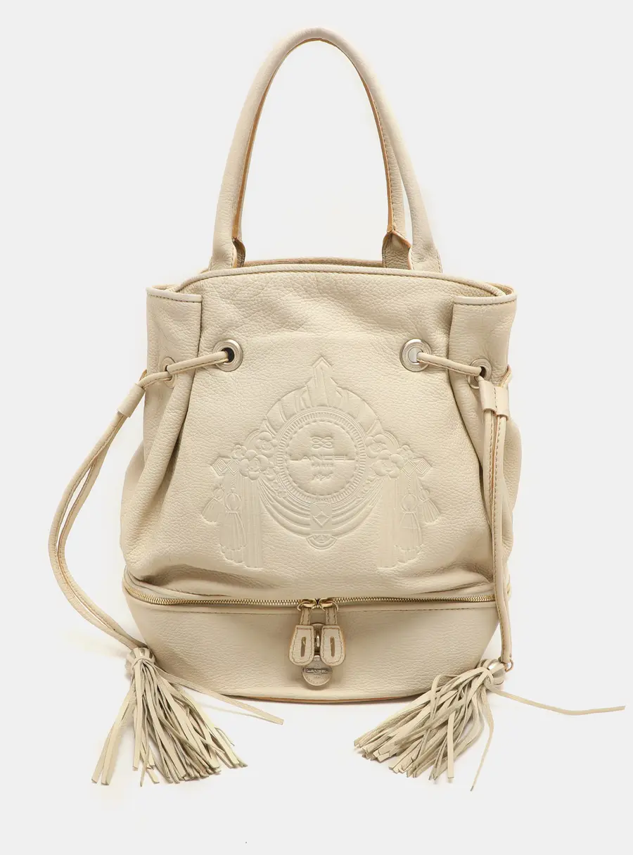 Lancel Cream Leather Drawstring Tassel Tote