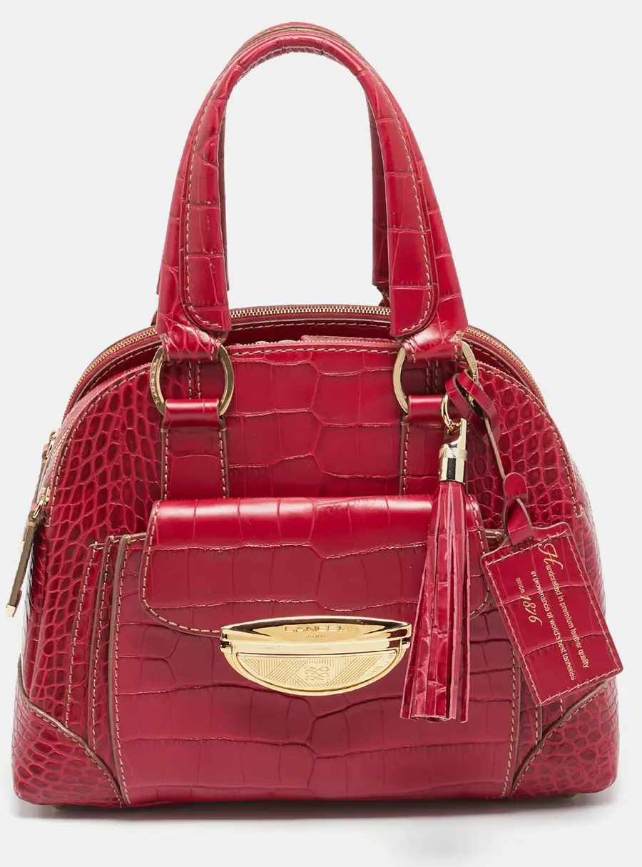 Lancel Adjani Fuchsia Croc Embossed Leather Satchel