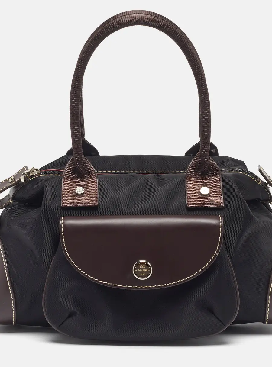 Lancel Front Pocket Black/Dark Brown Nylon and Leather Satchel