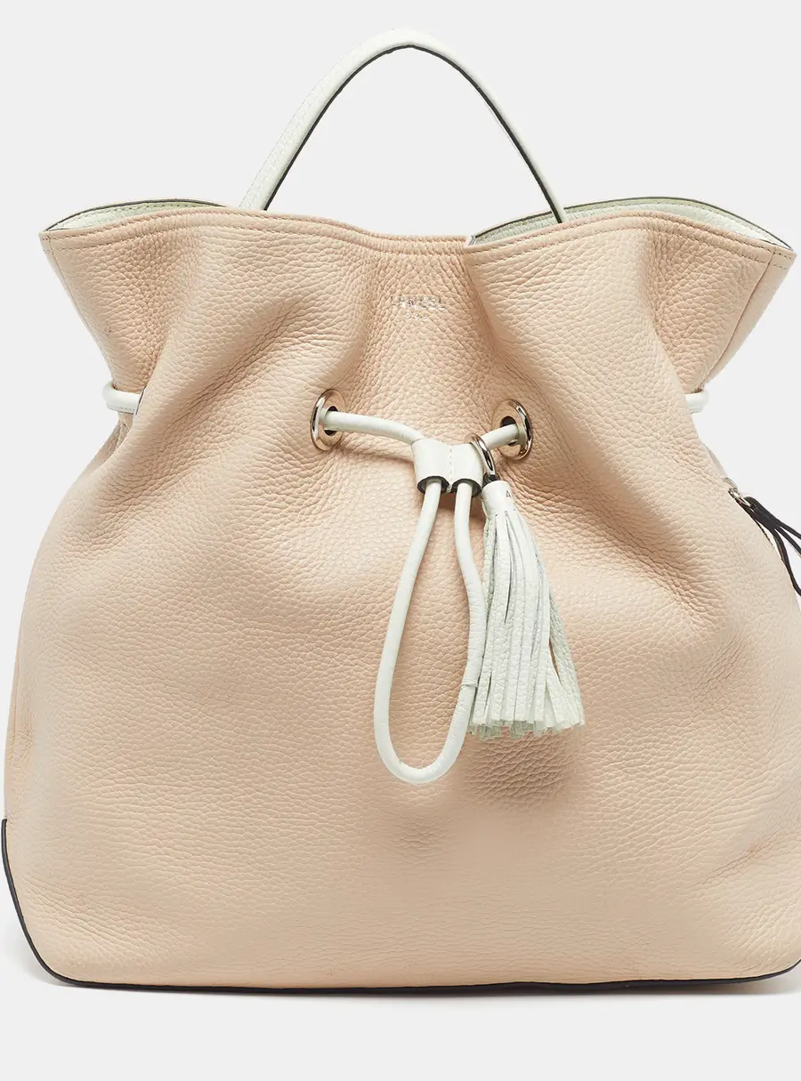Lancel Drawstring Beige/White Leather Bucket Bag