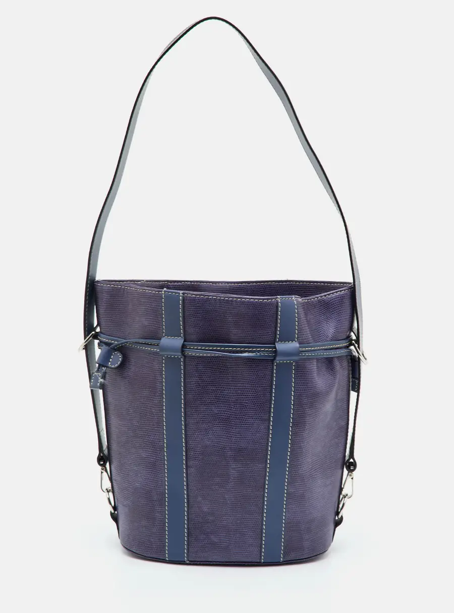 Lancel Purple/Blue Lizard Embossed Leather and Leather Drawstring Bucket Bag