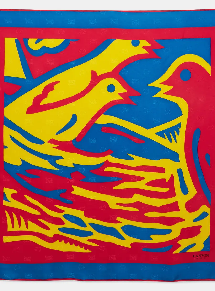Lanvin Vintage Multicolor Abstract Bird Print Silk Satin Scarf