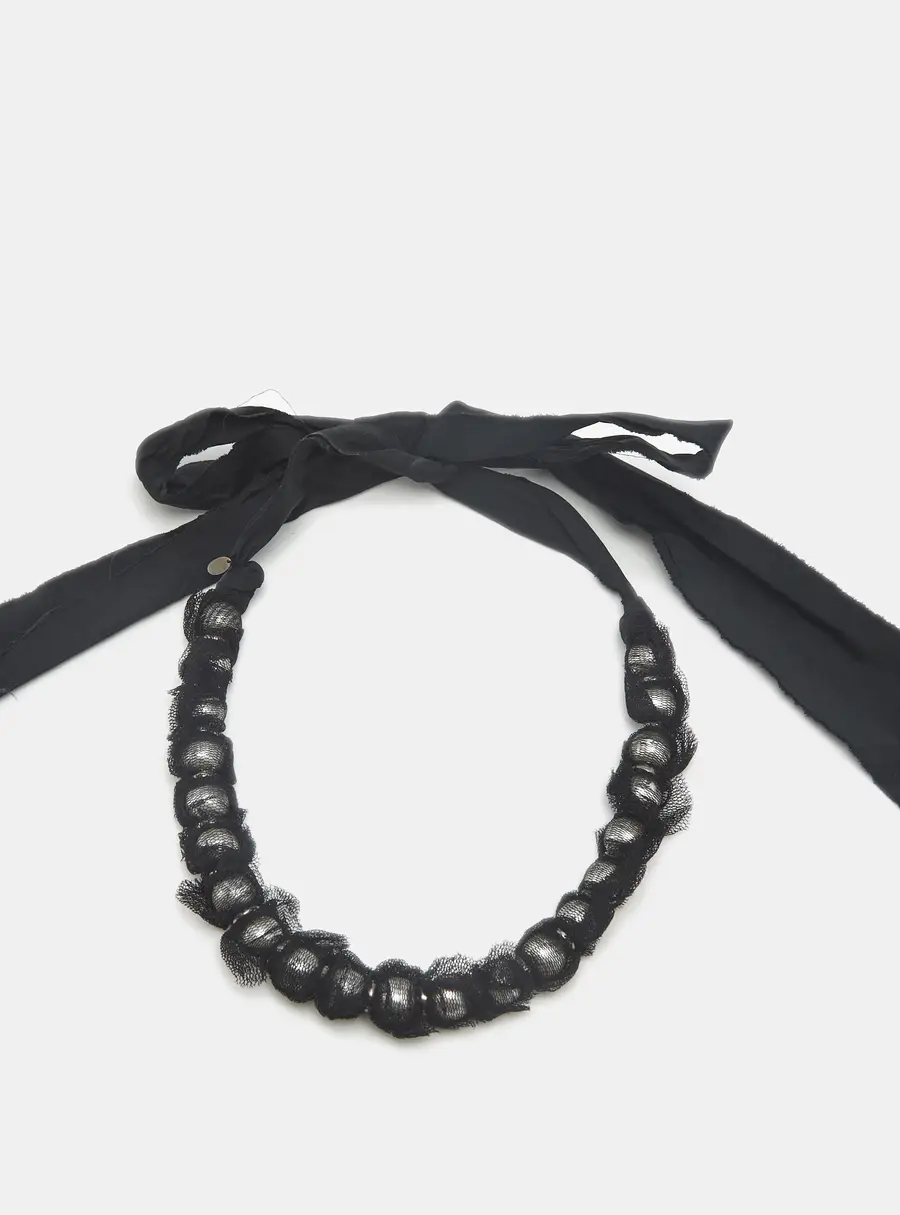 Lanvin Faux Pearl Fabric Silver Tone Necklace
