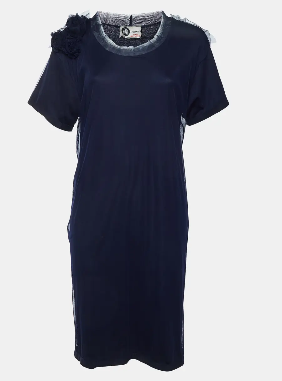 Lanvin Navy Blue Rosette Applique Tulle Overlay Shift Dress M/L