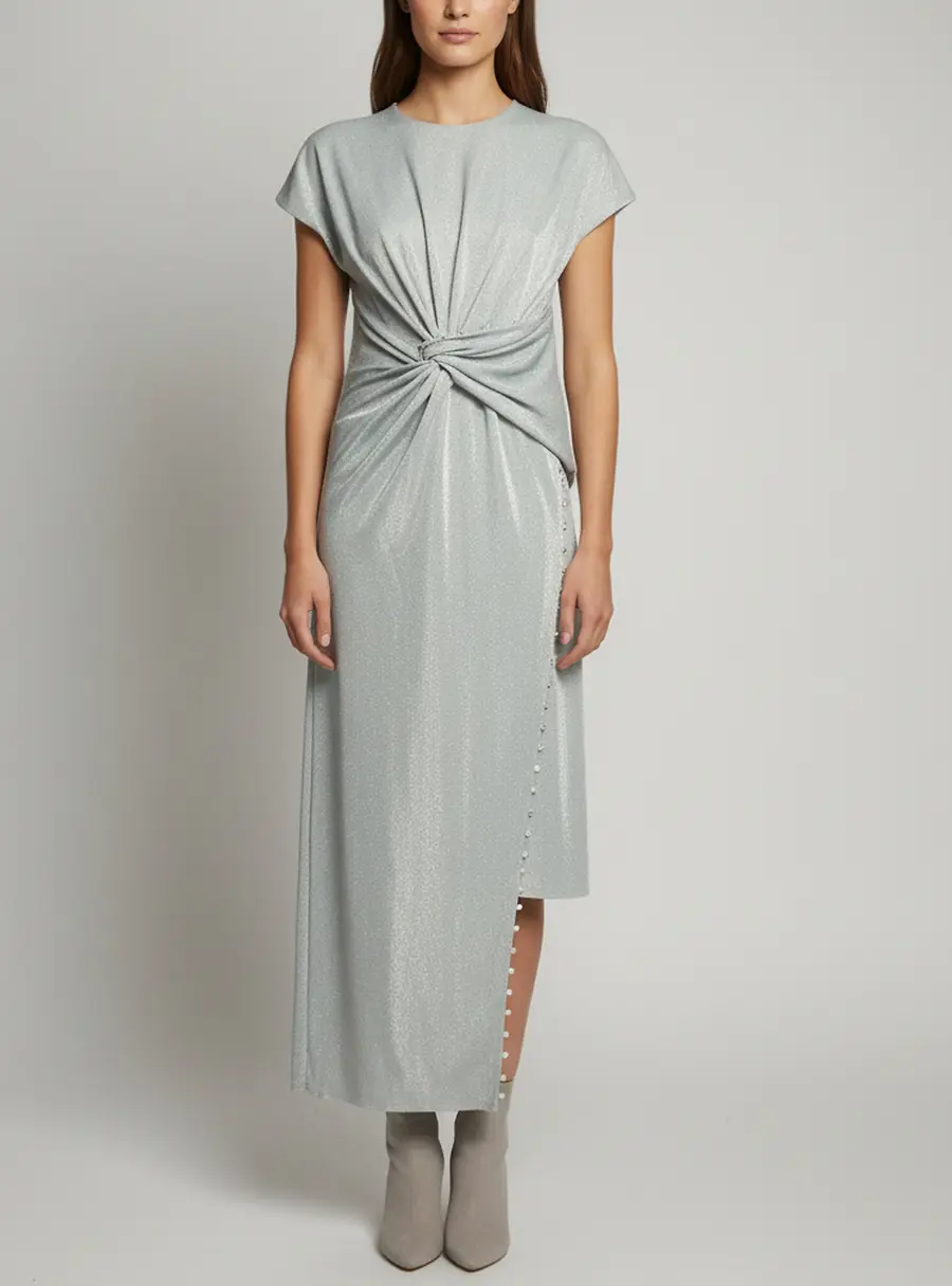 Lanvin Metallic Mint Green Jersey Asymmetric Draped Midi Dress M
