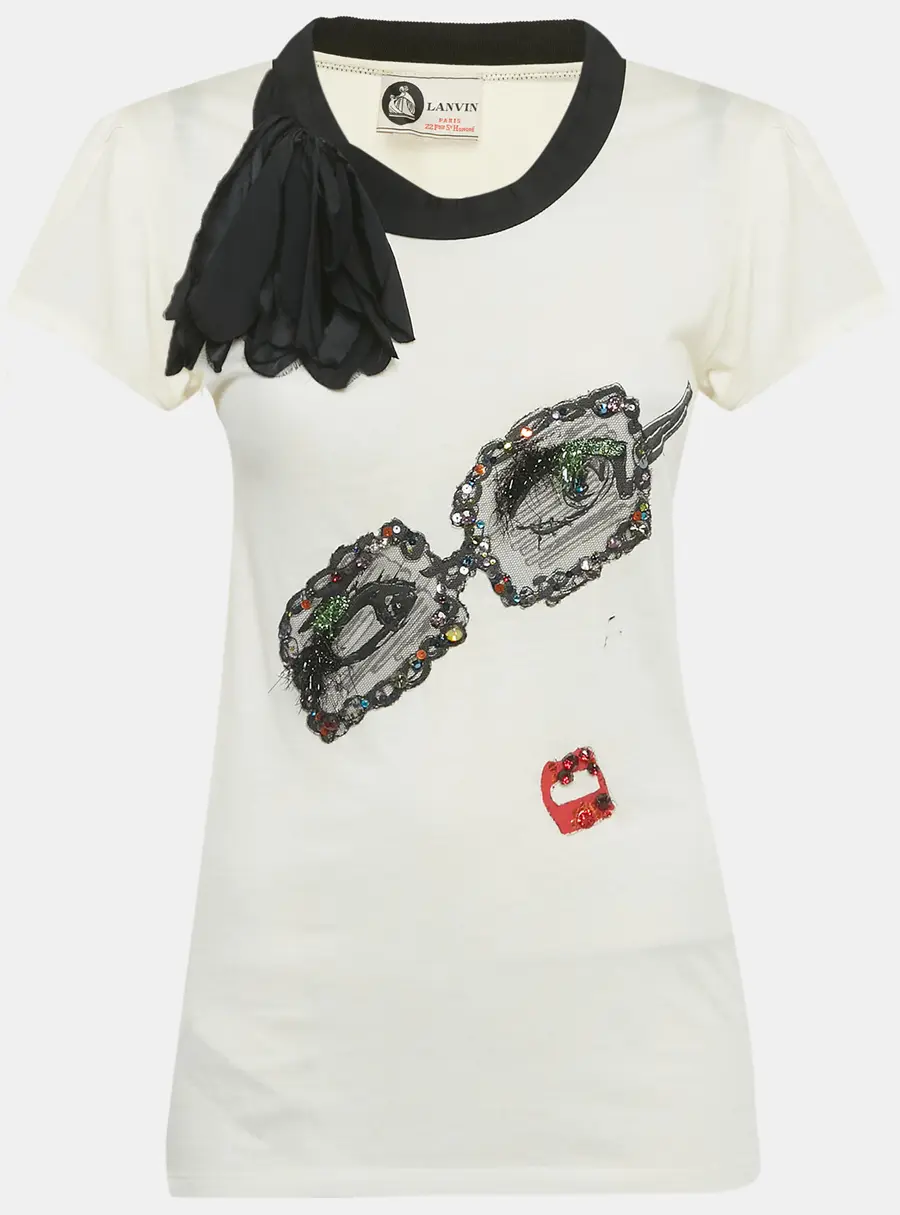 Lanvin Cream Flower Applique Embellished Cotton Blend T-shirt S