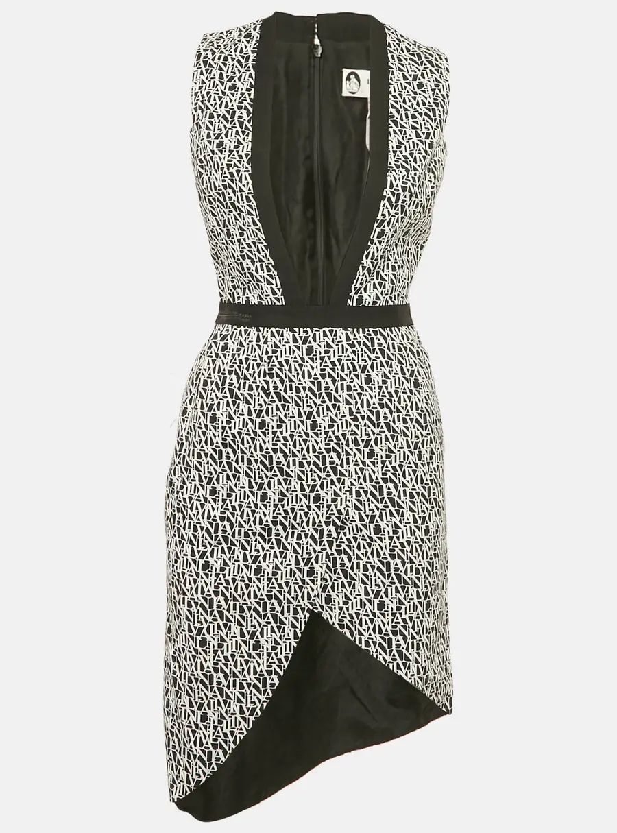 Lanvin Black/ White Logo Print Crepe Plunge Neck Dress S
