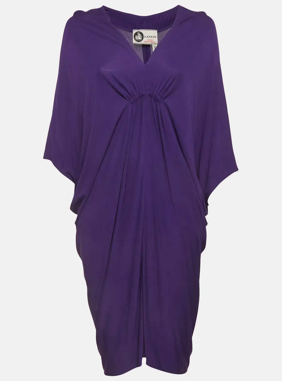 Lanvin Purple Stretch Knit Ruched V-Neck Mini Dress