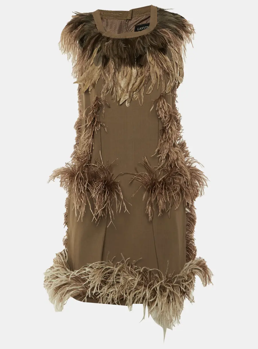 Lanvin Brown Wool & Feather Trim Sleeveless Mini Dress L