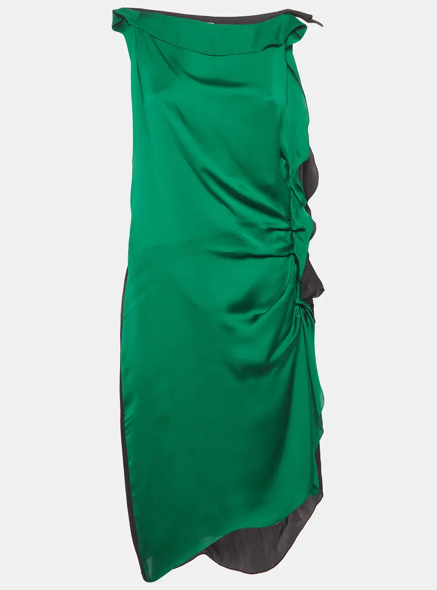 Lanvin Green/Black Silk Ruffle Midi Dress L