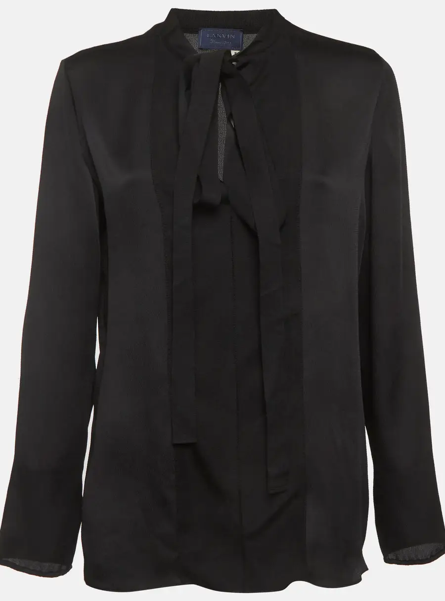 Lanvin Black Crinkle Satin Ribbon Neck Tie Up Blouse M
