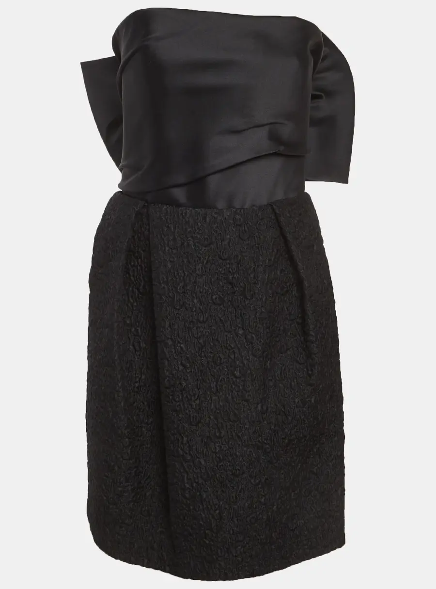 Lanvin Black Satin and Textured Jacquard Bow Detail Strapless Mini Dress M
