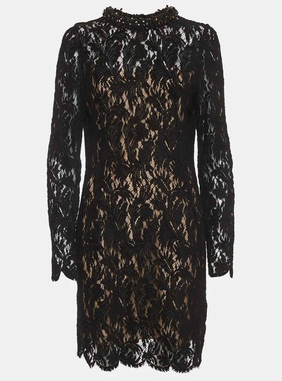 Lanvin Black Lace Bead Embellished Collar Mini Sheath Dress L