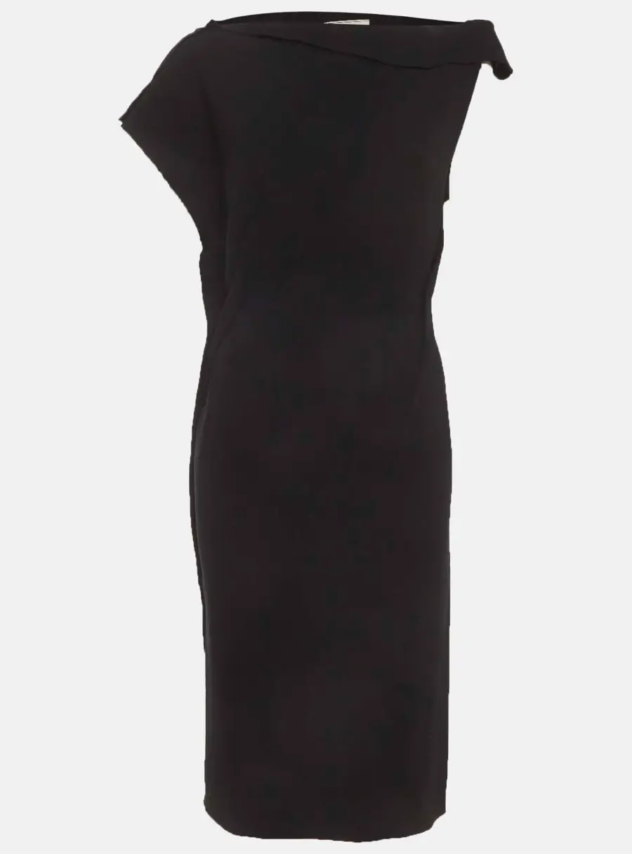 Lanvin Black Wool Blend Asymmetric Draped Midi Dress M