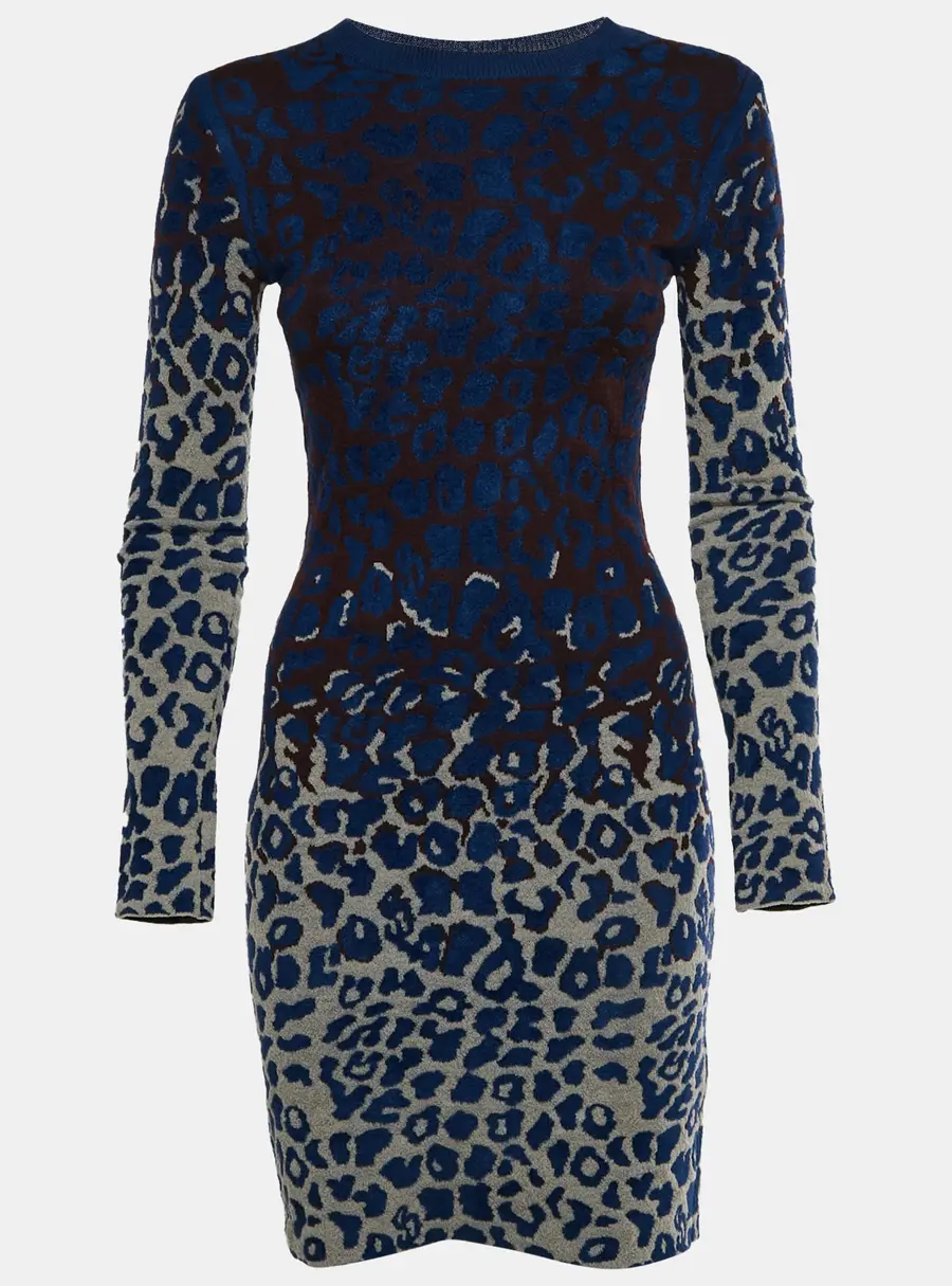 Lanvin Multicolor Leopard Wool Blend Jacquard Knit Mini Dress XS