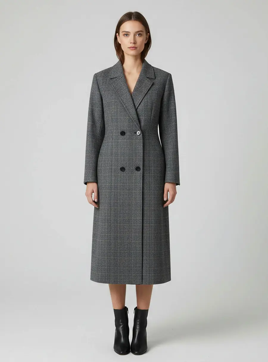 Lanvin Grey Check Pattern Wool Double Breasted Long Coat L