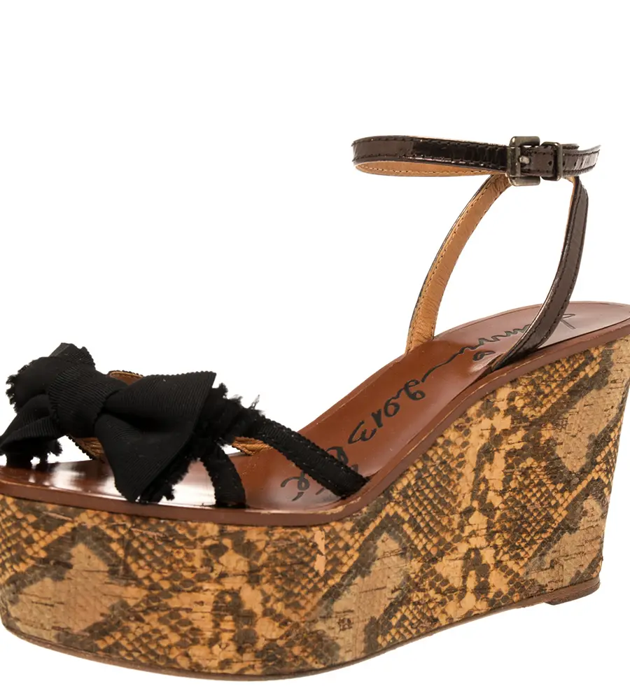 Lanvin Metallic/Black Canvas and Leather Bow Python Print Platform Wedge Sandals Size 39