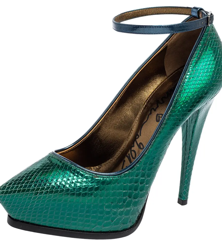 Lanvin Green/Blue Snakeskin Leather Pointed-Toe Ankle-Strap Pumps Size 38